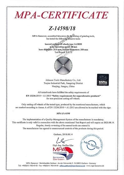 China Johnson Tools Manufactory Co.,Ltd Certificaten